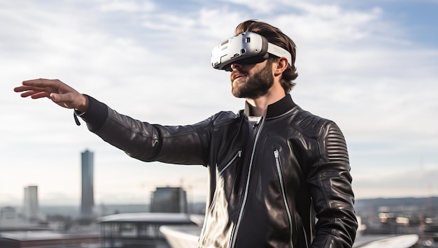 Knappe man met behulp van virtual reality-headset