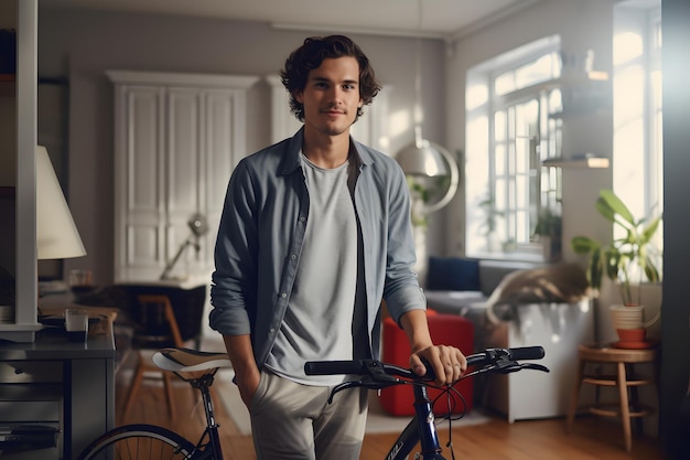 Knappe man met een fiets in de woonkamer