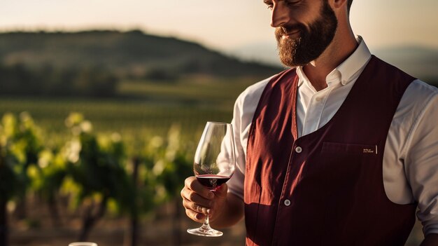 Foto knappe man met een glas rode wijn in de wijngaard