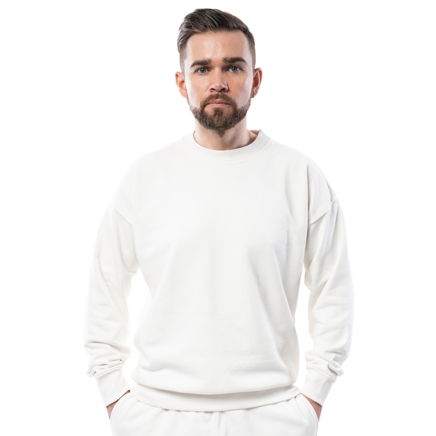 Foto knappe man met een leeg wit sweatshirt dat op een witte achtergrond wordt geïsoleerd