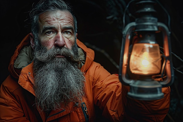 knappe man met lange baard en snor die een oranje jas draagt