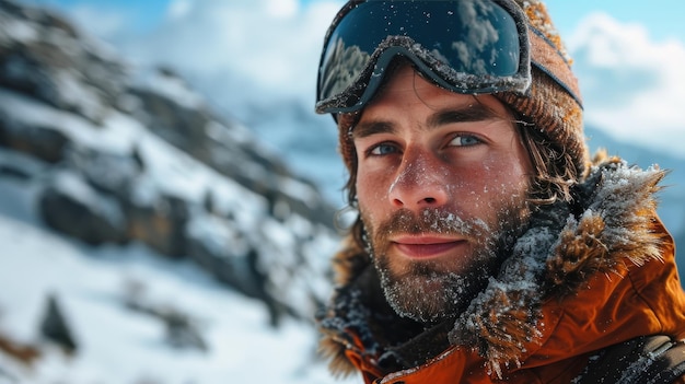 knappe man met ski bril ski kleding en ski helm selfie
