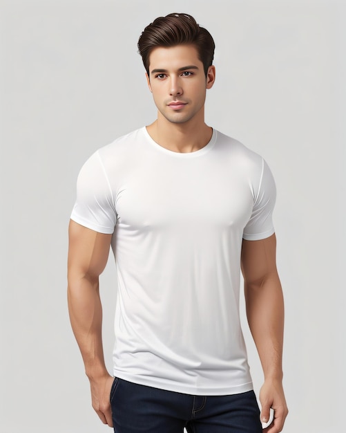 Knappe man model witte t-shirt mockup voor hem