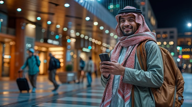 knappe man uit het Midden-Oosten bij de ingang van de luchthaven terminal glimlachende Arabische zakenman met een telefoon