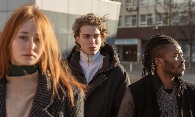 Knappe mannen en mooie vrouw buiten in de zon