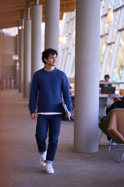 Knappe Spaanse mannelijke student die laptop vasthoudt en een moderne bibliotheekcampus bezoekt