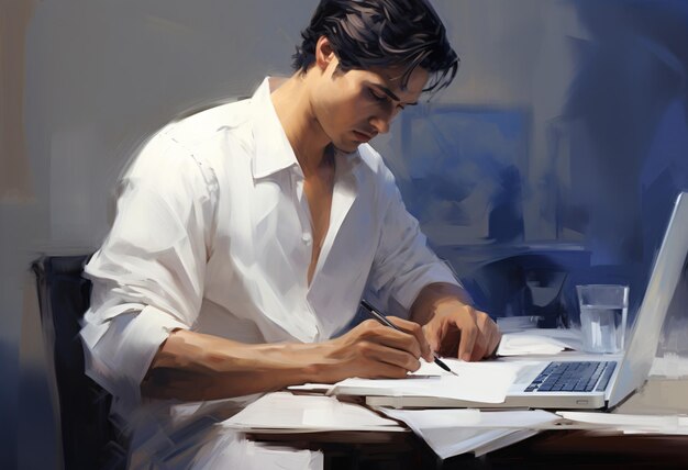Knappe student of bedrijfsmensenaccountant die bij een illustratie van het bureauolieverfschilderij werken