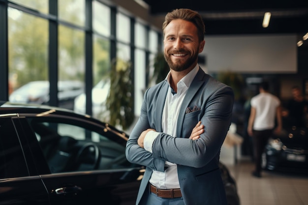 Knappe succesvolle zakenman staande in autoshowroom