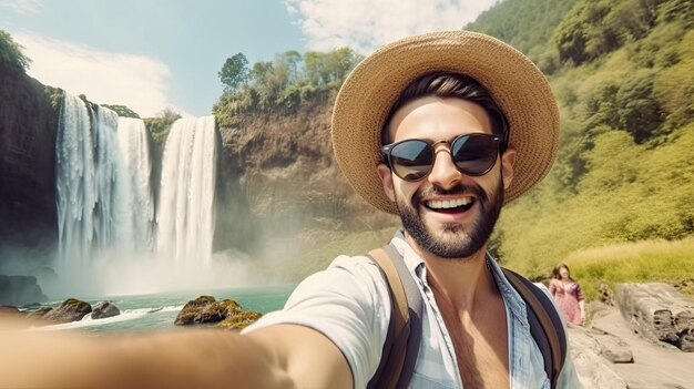 Knappe toerist die nationaal park bezoekt en selfie-foto maakt voor de waterval