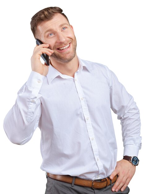 Knappe verkoper praten op mobiele telefoon