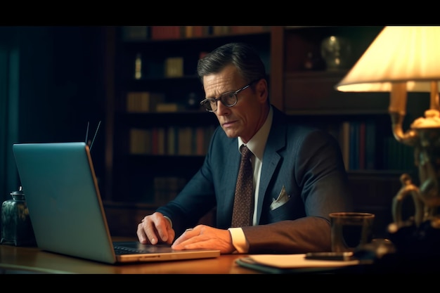 Knappe volwassen man in pak zittend aan tafel in kantoor aan huis en werkend op laptop