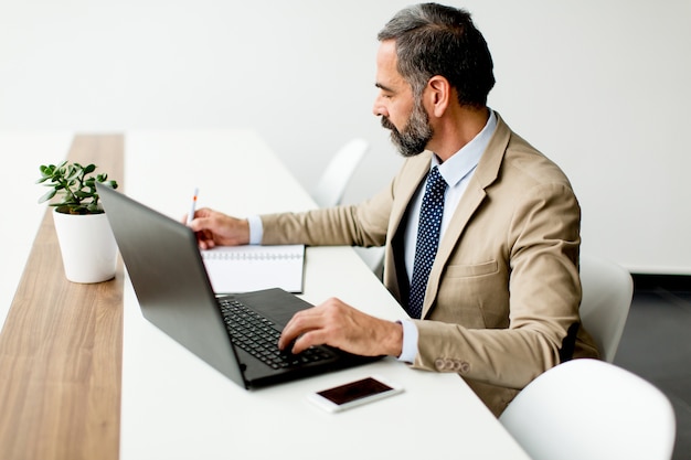 Knappe zakenman die op middelbare leeftijd aan laptop in modern bureau werkt