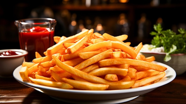Knapperige Franse frietjes met ketchup en saus op kom