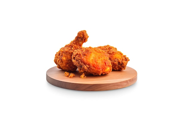 Knapperige heerlijke gebakken kip op een ronde houten plank geïsoleerd op een witte achtergrond