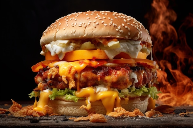 Knapperige kipburger met kaas en groenten op een ondergrond met crunch zwarte achtergrond