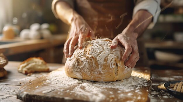 Kneading dough on a wooden table in a rustic setting The bakers hands are covered in flour as they work the dough