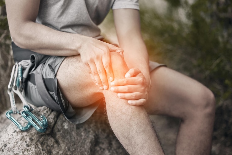 Photo knee injury and pain with a man sitting on a rock to take a break while out hiking rock or mountain climbing in nature cgi of discomfort from cramp during exercise or sports training in a forest