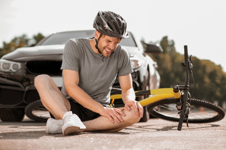 Knee injury. Young adult injured cyclist in helmet sitting holding knee on road near fallen bike in front of car