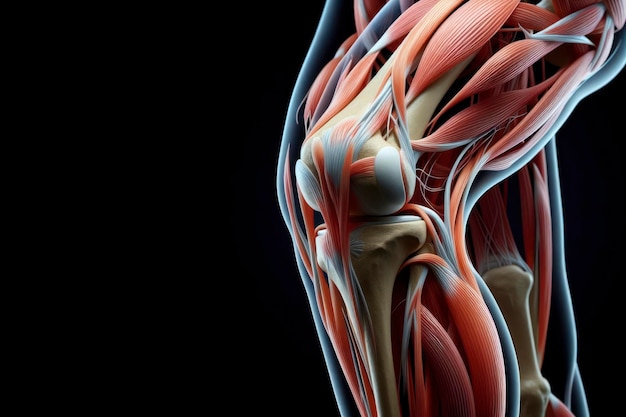 knee joint connection of bones Human muscles human anatomy isolated on black background