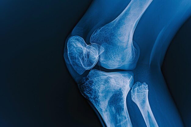 A knee joint is shown in a blue and white color