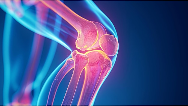 Photo knee pain x ray illustration on blue and red light