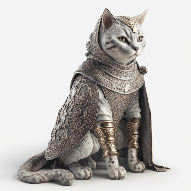 kneeling cat knight in white background