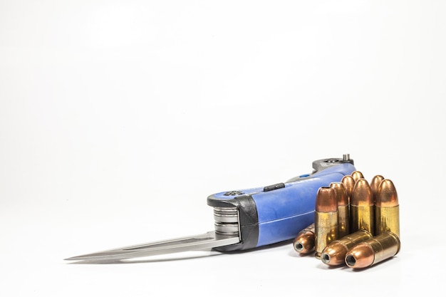 Knife, ammunition,   on white background.