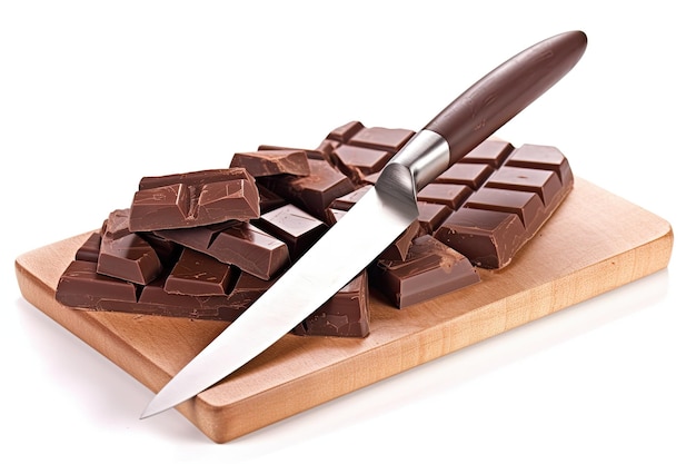 a knife on a cutting board with chocolate bars