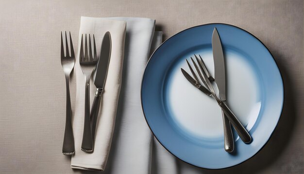 a knife and fork are on a table with a blue plate with silverware