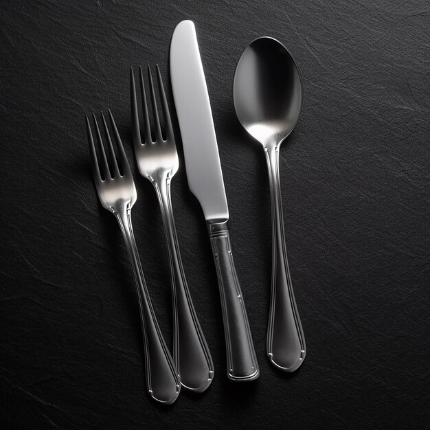 A knife, fork, and spoon are laying on a black surface.