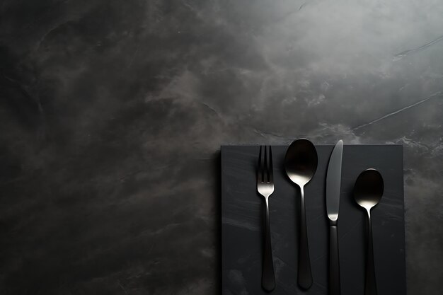 Knife fork and spoon on black background Copy space