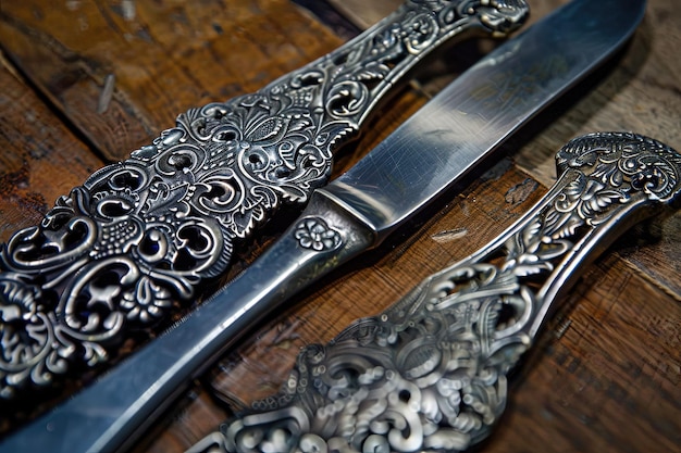 A knife and a fork on a wooden table