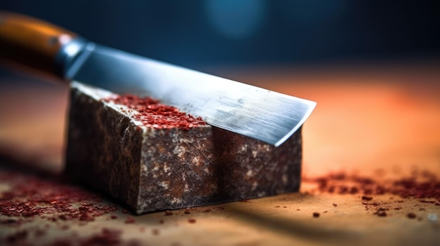 A knife is laying on a cutting board with a knife on it.