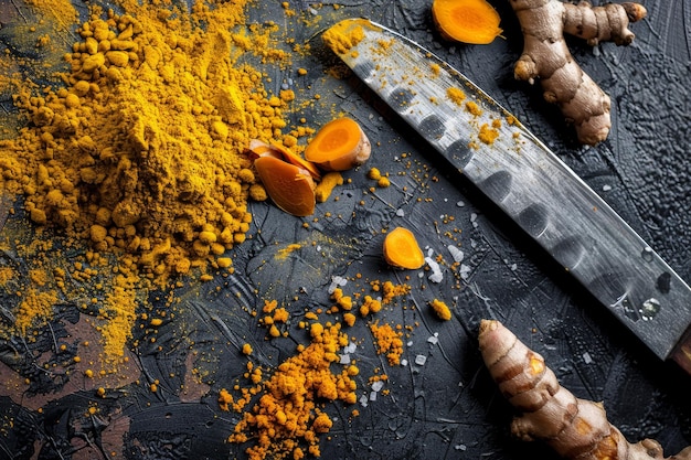 Photo a knife is on a table with a pile of spices and a few pieces of ginger
