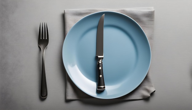 ナイフとフォークがついた皿の隣のナプキンにナイフとナイフがある