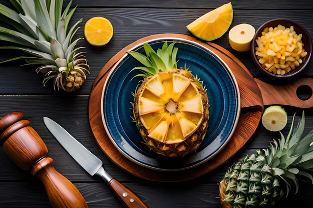 Foto un coltello e un coltello sono su un piatto con ananas e ananas.