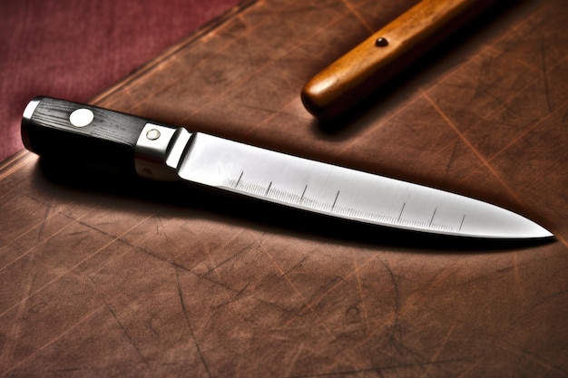 a knife on a leather surface