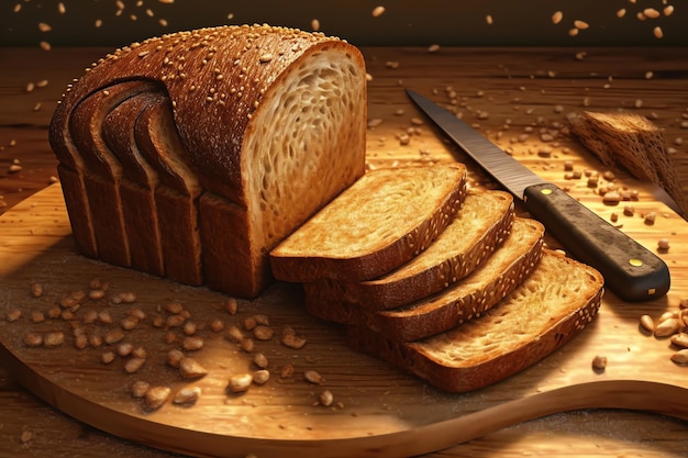 A knife next to a loaf of bread with a bread knife on it