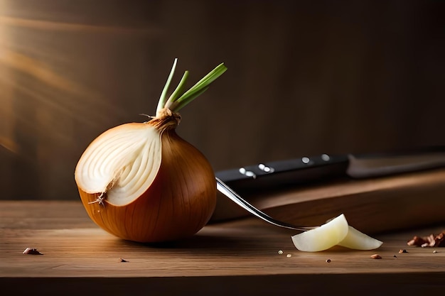 A knife and onion with a knife on a table.