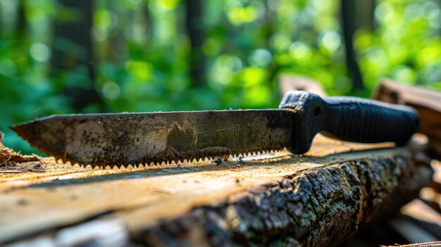 Foto coltello poggiato su un pezzo di legno adatto a vari usi