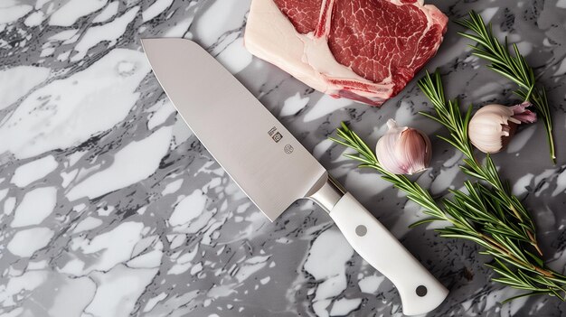 Photo a knife sits next to a knife with a plant in the corner