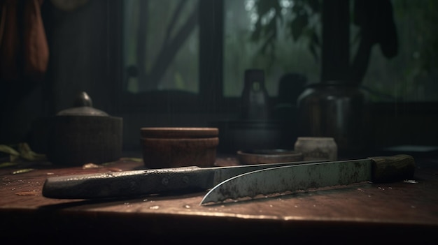 A knife on a table in a dark room with a window behind it.