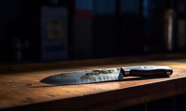 A knife on a table with a dark background