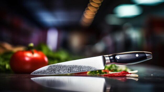 Foto un coltello su un tavolo con pomodori e peperoni ai