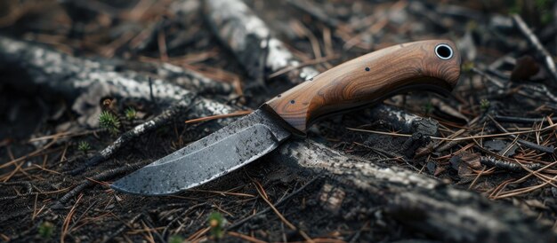 Foto un coltello usato per la caccia è a terra.