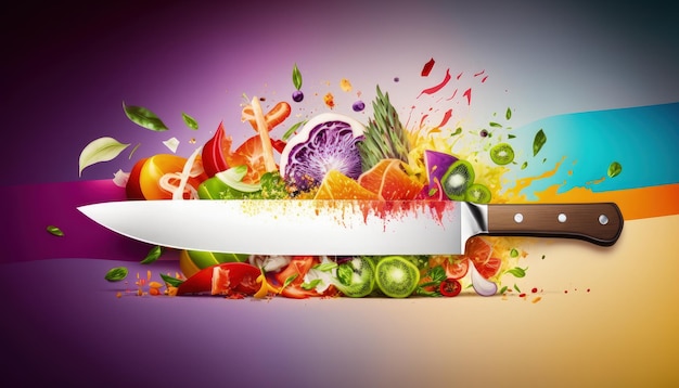 Foto un coltello con uno sfondo colorato con verdure e un rametto di verdure varie.
