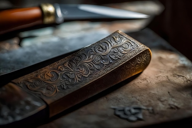 A knife with a floral design on it sits on a table.