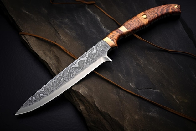 Knife with an intricate handle resting on a sharpening stone