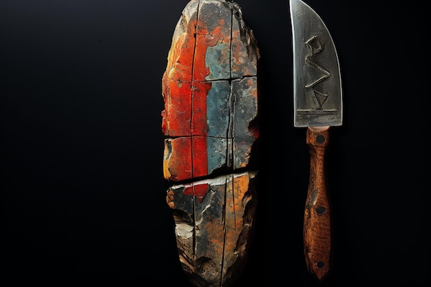 a knife with a red and blue handle and a silver knife with a black background