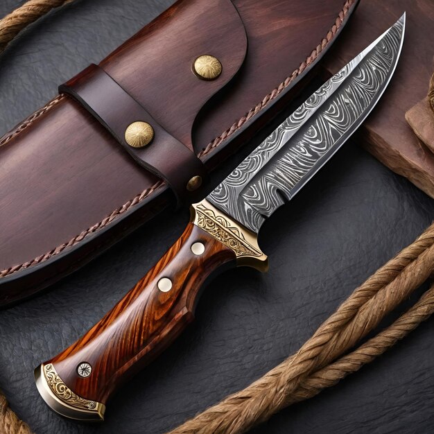 Photo a knife with a wooden handle and a brown leather strap